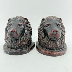 Lion Head Bookends Home Decor Black Red Distressed Resin Weighted Heavy Men Cave